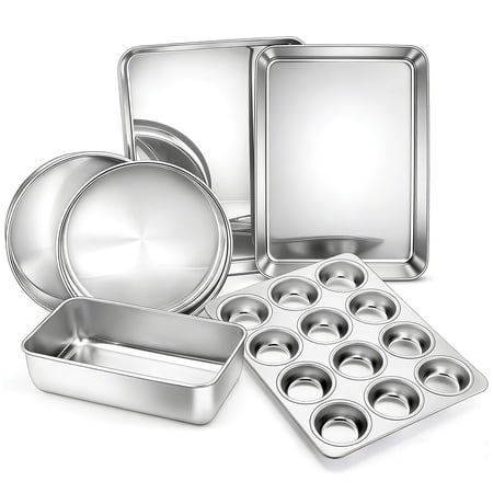 Vesteel 6 Piece Bakeware Set, Stainless Steel Baking Pans set for Oven, Include 8-Inch Cake Pan/Rectangle Baking Cookie Sheet/Muffin/Loaf Pan, Non-Toxic & Heavy Duty, Dishwasher Safe