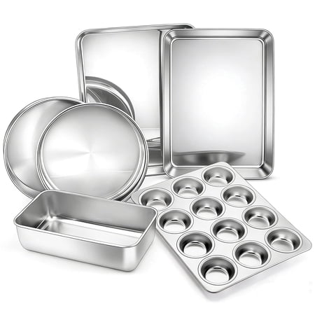 Vesteel 6 Piece Bakeware Set, Stainless Steel Baking Pans set for Oven, Include 8-Inch Cake Pan/Rectangle Baking Cookie Sheet/Muffin/Loaf Pan, Non-Toxic & Heavy Duty, Dishwasher Safe