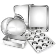 Vesteel 6 Piece Bakeware Set, Stainless Steel Baking Pans set for Oven, Include 8-Inch Cake Pan/Rectangle Baking Cookie Sheet/Muffin/Loaf Pan, Non-Toxic & Heavy Duty, Dishwasher Safe