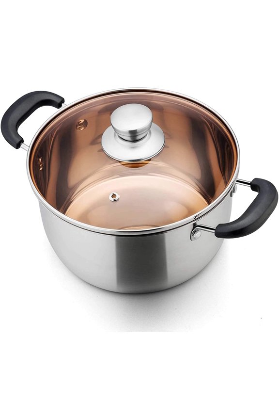 6 Quart Stock Pot, 18/10 Stainless Steel Metal Pasta Soup Pot with Glass Lid for Cooking, Double Heat-Proof Handles, Heavy Duty & Dishwasher Safe