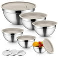 thumbnail image 1 of Mixing Bowls with Lids Set of 9, Vesteel Stainless Steel Mixing Bowl Metal Nesting Salad Bowls Attach with 3 Graters for Kitchen Grating/ Shredding, Size 4.6, 2.6, 2, 1.5, 1, 0.7 QT - Khaki, 1 of 8