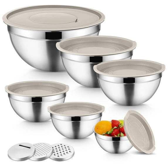 Mixing Bowls with Lids Set of 9, Vesteel Stainless Steel Mixing Bowl Metal Nesting Salad Bowls Attach with 3 Graters for Kitchen Grating/ Shredding, Size 4.6, 2.6, 2, 1.5, 1, 0.7 QT - Khaki