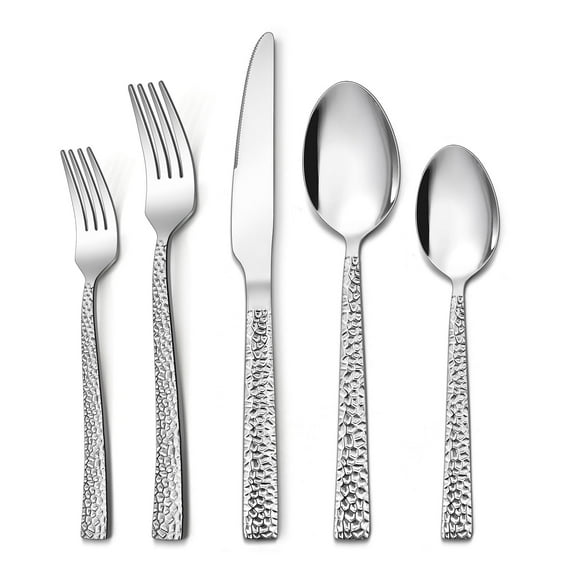 Vesteel 60-Piece Hammered Silverware Set, Stainless Steel Square Flatware Tableware Cutlery Set Service for 12, Non-toxic & Dishwasher Safe
