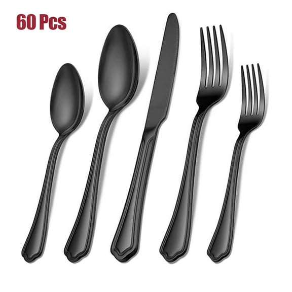 Vesteel 60-Piece Black Silverware Set for 12, Stainless Steel Flatware Cutlery Set with Scalloped Edge, Modern Tableware Eating Utensils Set