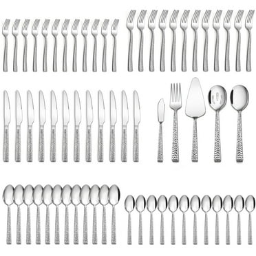 Vesteel 60-Piece Hammered Silverware Set with 5 Serving Utensils, Stainless Steel Square Flatware Tableware Cutlery Set Service for 12, Heavy Duty & Dishwasher Safe