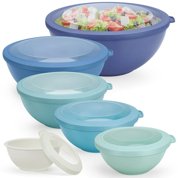 Vesteel 6Pcs Mixing Bowl Set with Lids, Plastic Nesting Bowls for Mixing, Storage, Kitchen Prepping, Serving Food, Microwave & Dishwasher Safe - Blue