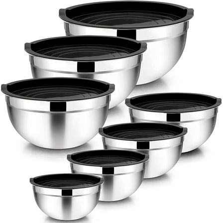 Vesteel 7 PCS Stainless Steel Mixing Bowls, Metal Nesting Salad Bowls with Lids, 4.5/3.5/3/2.5/1.5/1.2/0.7 QT - Black
