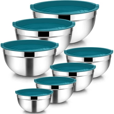 Vesteel 7 PCS Stainless Steel Mixing Bowls, Metal Nesting Salad Bowls with Lids, 4.5/3.5/3/2.5/1.5/1.2/0.7 QT - Blue