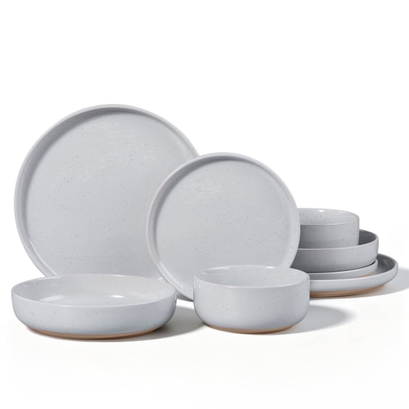 Vesteel Dinnerware Sets for 2, 8-Piece Stoneware Plates and Bowls Set, Dishes Set for Home Restaurant, Microwave and Dishwasher Safe, Light Grey