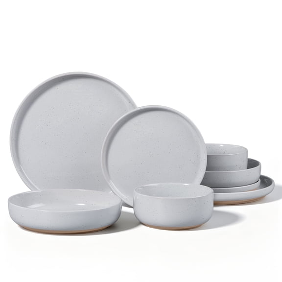 Vesteel Dinnerware Sets for 2, 8-Piece Stoneware Plates and Bowls Set, Dishes Set for Home Restaurant, Microwave and Dishwasher Safe, Light Grey