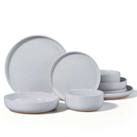 Vesteel Dinnerware Sets for 2, 8-Piece Stoneware Plates and Bowls Set, Dishes Set for Home Restaurant, Microwave and Dishwasher Safe, Light Grey