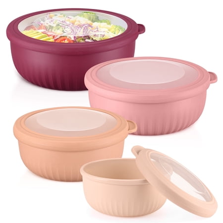 Vesteel 8Pcs Mixing Bowl Set with Lids, Nesting Plastic Bowls for for Mixing Serving Preparing Storage, Kitchen Prep Bowls, Dishwasher Safe, Rose