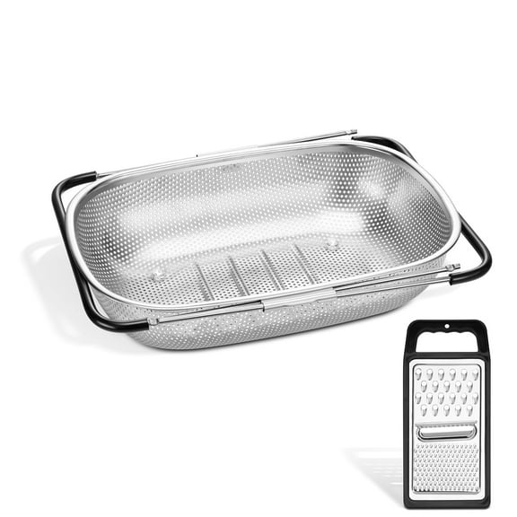 Vesteel Stainless Steel Colander Set, 6 Qt Over the Sink Colander Large Capacity Strainer Basket with Extendable Rubber Grip Handles for Kitchen & Cheese Grater Handheld