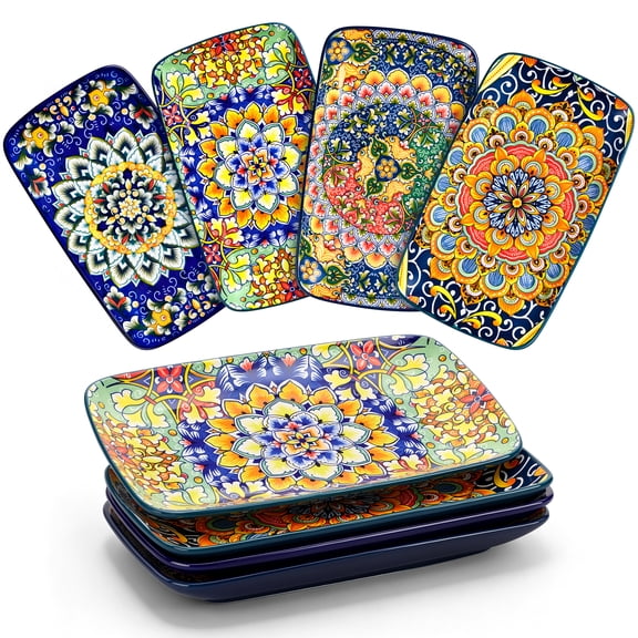 Vesteel 9.5 Inch Rectangular Dinner Plates Set of 4, Porcelain Salad Serving Trays for Desserts, Appetizers, Vibrant Colors Dishes with Bohemian Floral Design, Microwave & Dishwasher Safe