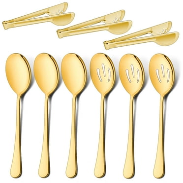 Vesteel 9 Piece Serving Set, 9.8 Inch Stainless Steel Silver Buffet Banquet Catering Serving Spoons Tongs Set, Gold