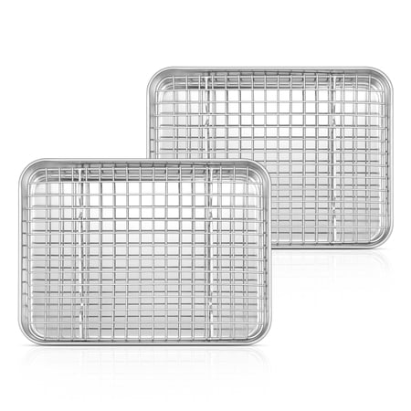 Vesteel Baking Sheets and Racks Set(2 Pans + 2 Racks), Stainless Steel Rectangle Baking Cookie Sheet Oven Tray and Cooling Grid Rack - 10 x 8 x 1 inch