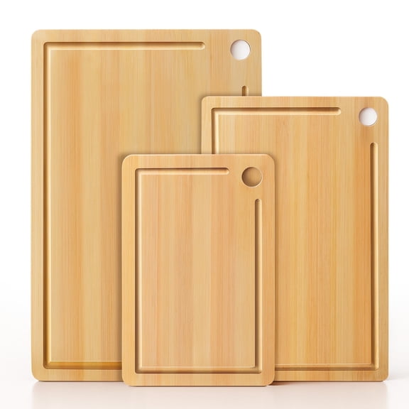 Vesteel 3-Pieces Wood Cutting Board, Bamboo Chopping Board Set for Kitchen with Deep Juice Groove, Wooden Charcuterie Board for Meat Vegetables and Fruits, Natural Bamboo