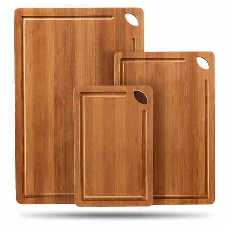 Vesteel 3-Pieces Wood Cutting Board, Bamboo Chopping Board Set for Kitchen with Deep Juice Groove, Wooden Charcuterie Board for Meat Vegetables and Fruits, Brown