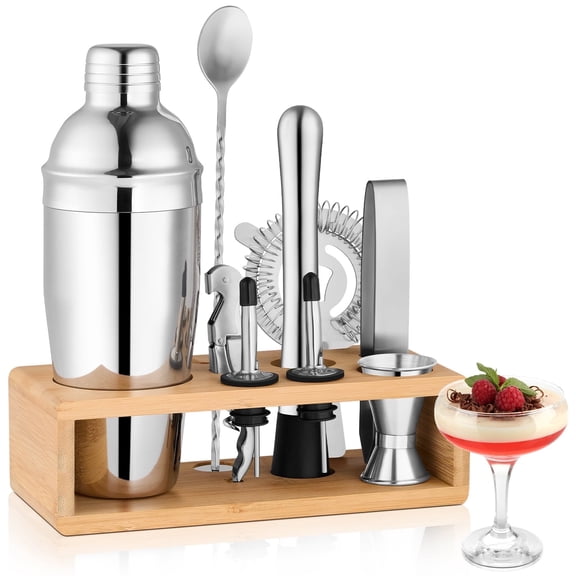 Vesteel Cocktail Shaker Set, 10Pcs Mixology Bartender Kit with Bamboo Stand, Bar Tool Set for Cocktail with Shaker, Jigger & Muddler, Bar Set