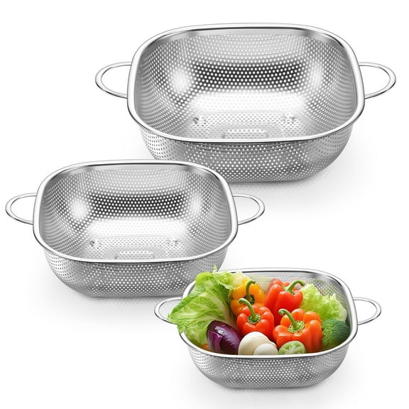 Vesteel Stainless Steel Square Colander Set of 3 (2QT   3QT   5QT), Nesting Strainer Baskets with Sturdy Handles, Metal Colanders for Washing, Draining & Rinsing Fruits, Vegetables, Pasta