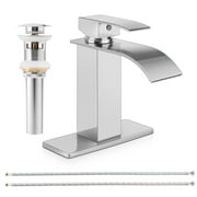 Vesteel Bathroom Faucet, 18/10 Stainless Steel Single Handle Waterfall Spout Bathroom Sink Faucet with Deck Plate and Pop Up Drain