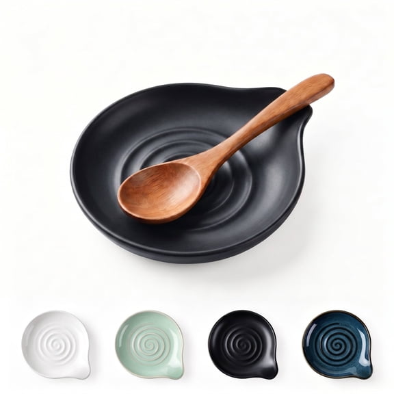 Vesteel Ceramic Spoon Rest, 5.1 inch Kitchen Teardrop Spoon Holder for Countertop, Utensil Rest for Spatula Ladle Tongs, Stove Top Spoon Tray, Heat-Resistant & Dishwasher Safe, Matte Black