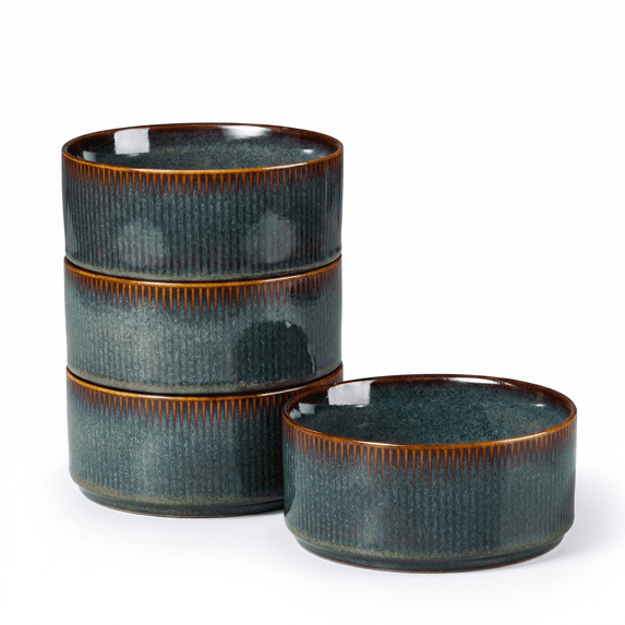 Vesteel Cereal Bowl for 4, 26oz Stoneware Soup Bowls with Textured Stripes, 4-Piece Ceramic Kitchen Bowls for Salad Fruit Pasta Soup, Dishwasher Safe & Microwave Safe, Blackish Green