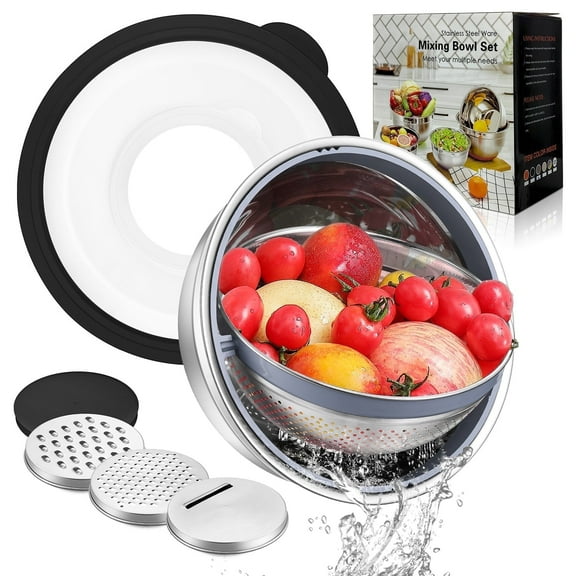 Vesteel Colander with Mixing Bowl Set, 4 in 1 Stainless Steel Food Strainer with Airtight Visible Lid and 3 Graters, Multifunctional Kitchen Prep Bowls for Washing/Draining/Mixing/ Grating - Black