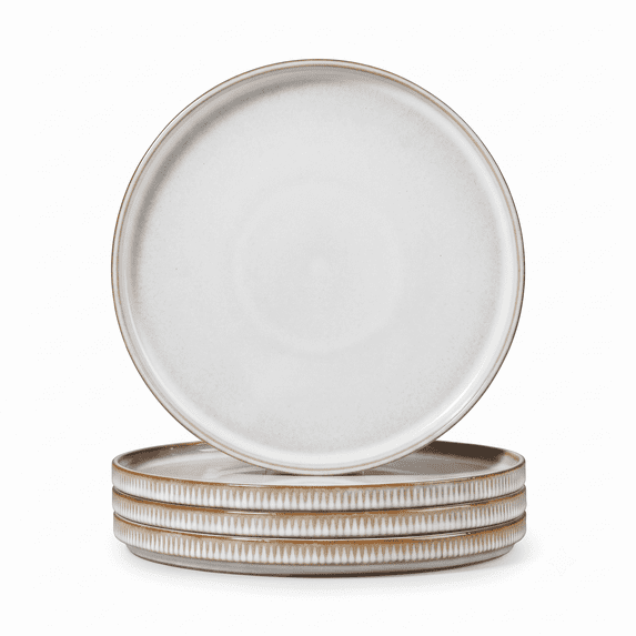 Vesteel Salad Plate for 4, 8 inch Stoneware Dinner plates with Textured Stripes, 4-Piece Ceramic Kitchen Plates for Dessert Salad, Dishwasher Safe & Microwave Safe, Seashell White