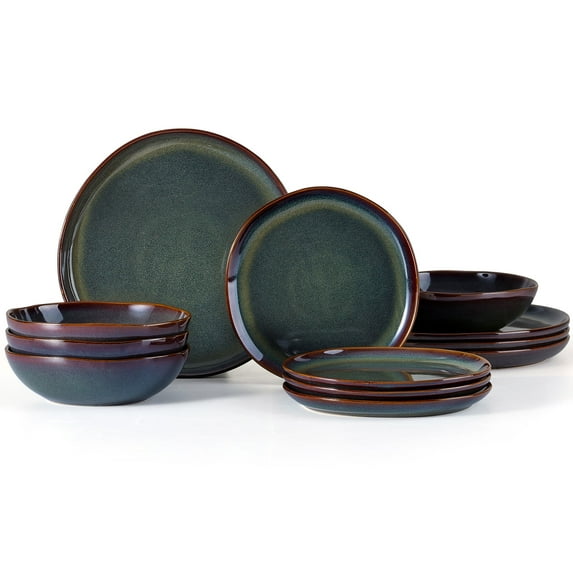 Vesteel Dinnerware Set for 4, 12 Pieces Premium Stoneware Plates and Bowls Set, Handmade Reactive Glaze Dishes for Home, Chip & Scratch Resistant, Microwave and Dishwasher Safe - Forest Green