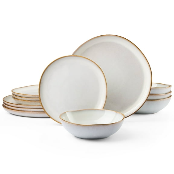 Vesteel Dinnerware Set, 12 Pieces Premium Stoneware Plates and Bowls Set for 4, Handmade Reactive Glaze Dishes for Home, Chip & Scratch Resistant, Microwave and Dishwasher Safe - Pearl White