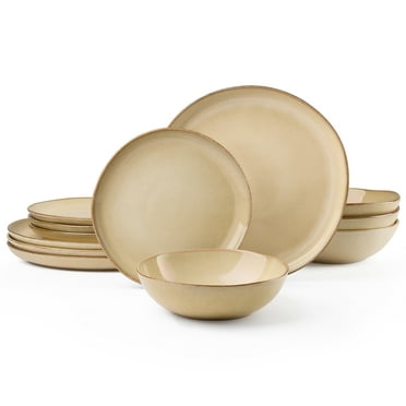 Vesteel Dinnerware Set, 12 Pieces Premium Stoneware Plates and Bowls Set for 4, Handmade Reactive Glaze Dishes for Home, Chip & Scratch Resistant, Microwave and Dishwasher Safe - Khaki
