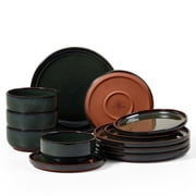 Vesteel 12-Piece Dinnerware Set, Ceramic Plates and Bowls Set for 4, Reactive Glaze Tableware Set with Purple Clay Base for Home, Chip & Scratch Resistant Stone