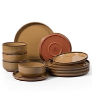 Vesteel 12-Piece Dinnerware Set, Ceramic Plates and Bowls Set for 4, Reactive Glaze Tableware Set with Purple Clay Base for Home, Chip & Scratch Resistant Stone