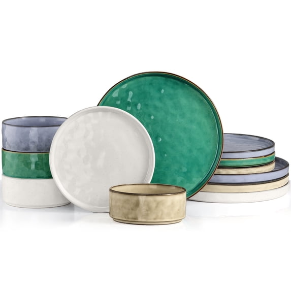 Vesteel Dinnerware Sets, 12-Piece Stoneware Plates and Bowls Set, Dishes Set for 4, Elegant Ceramic Dinnerware for Home Restaurant, Multi-color