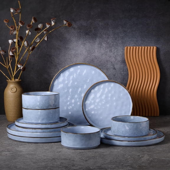 Vesteel Dinnerware Sets, 12-Piece Stoneware Plates and Bowls Set, Dishes Set for 4, Elegant Ceramic Dinnerware for Home Restaurant - Uranus Blue