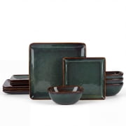 Vesteel Dinnerware Sets for 4, 12-Piece Square Stoneware Dish and Bowls Set, Handmade Reactive Glaze Coupe Plates Set, Chip & Scratch Resistant - Forest Green