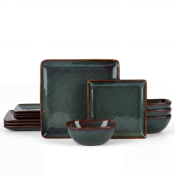 Vesteel Dinnerware Sets for 4, 12-Piece Square Stoneware Dish and Bowls Set, Handmade Reactive Glaze Coupe Plates Set, Chip & Scratch Resistant - Forest Green