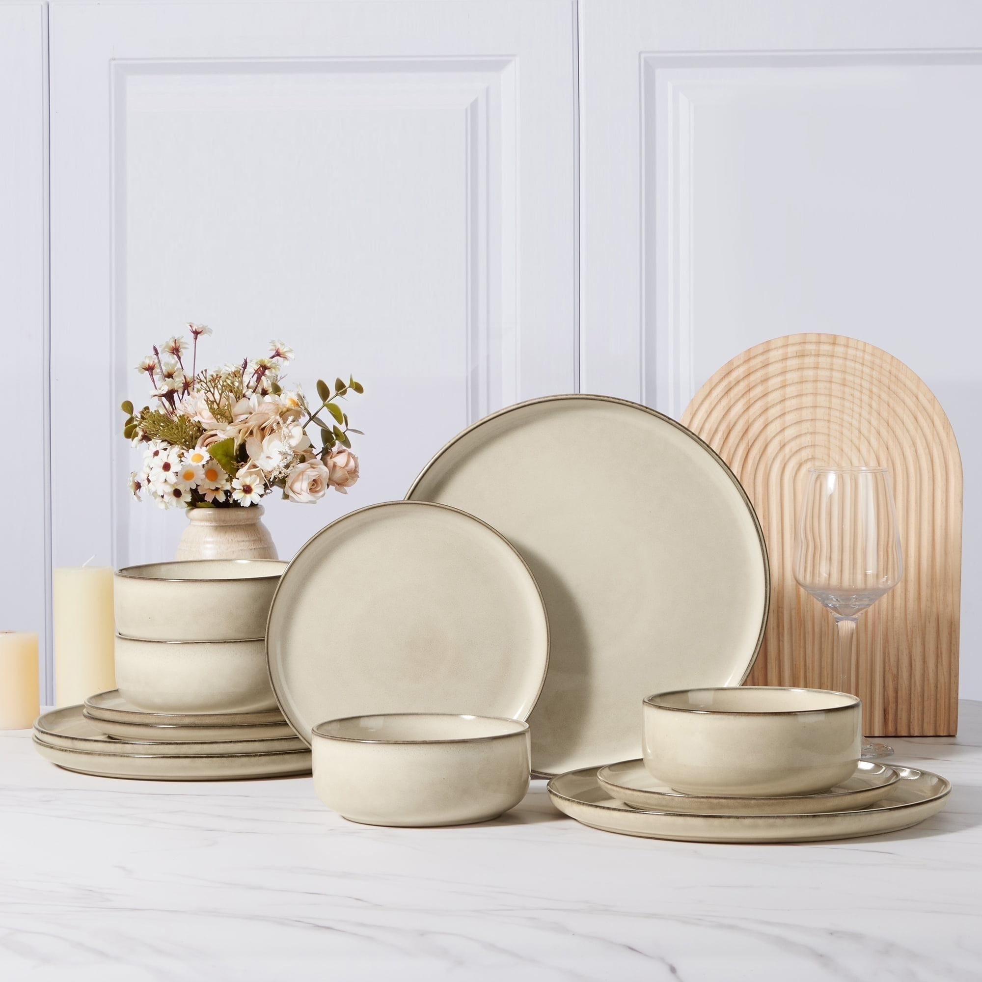 Vesteel Dinnerware Sets for 4, 12-Piece Stoneware Dish and Bowls Set, Handmade Reactive Glaze Coupe Plates Set for Family, Chip & Scratch Resistant - Khaki - Walmart.com