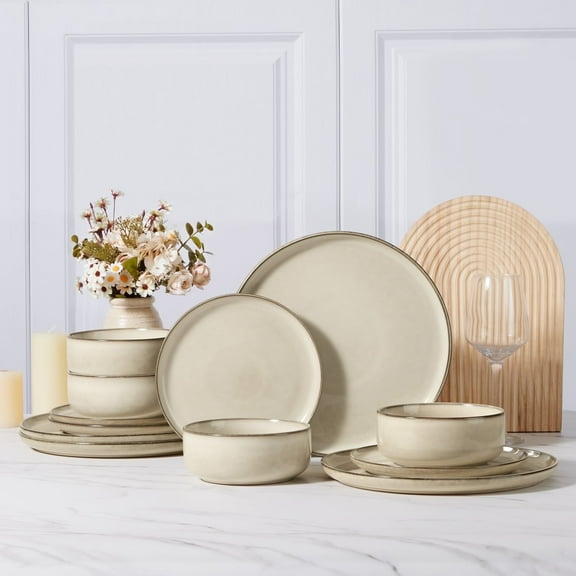 Vesteel Dinnerware Sets for 4, 12-Piece Stoneware Dish and Bowls Set, Handmade Reactive Glaze Coupe Plates Set for Family, Chip & Scratch Resistant - Khaki