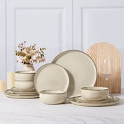 Vesteel Dinnerware Sets for 4, 12-Piece Stoneware Dish and Bowls Set, Handmade Reactive Glaze Coupe Plates Set for Famil