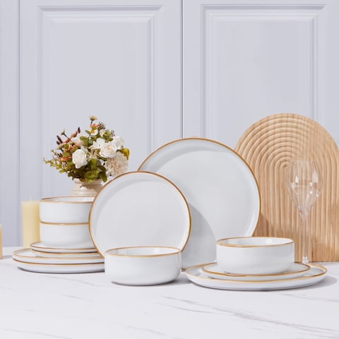 Vesteel Dinnerware Sets for 4, 12-Piece Stoneware Dish and Bowls Set, Handmade Reactive Glaze Coupe Plates Set for Family, Chip & Scratch Resistant - Seashell White