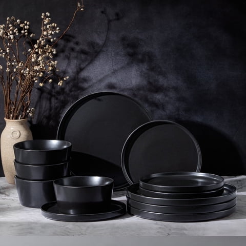 Vesteel Dinnerware Sets for 4, 12Pcs Stoneware Plates and Bowls Set, Elegant Tableware set for Home Restaurant, Chip & Scratch Resistant Dishes Set , Black