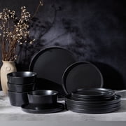 Vesteel Dinnerware Sets for 4, 12Pcs Stoneware Plates and Bowls Set, Elegant Tableware set for Home Restaurant, Chip & Scratch Resistant Dishes Set , Black