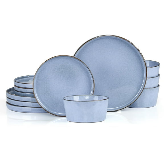 Vesteel 12Pcs Dinnerware Sets, Ceramic Plates and Bowls Sets for 4, Handmade Reactive Glaze Coupe Dishes Set for Kitchen Dining, Microwave, Uranus Blue