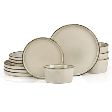 Vesteel Dinnerware Sets for 4, 12-Pieces Ceramic Plates and Bowls Sets, Handmade Reactive Glaze Dishes Set for Kitchen Dining, Dishwasher Safe, Khaki