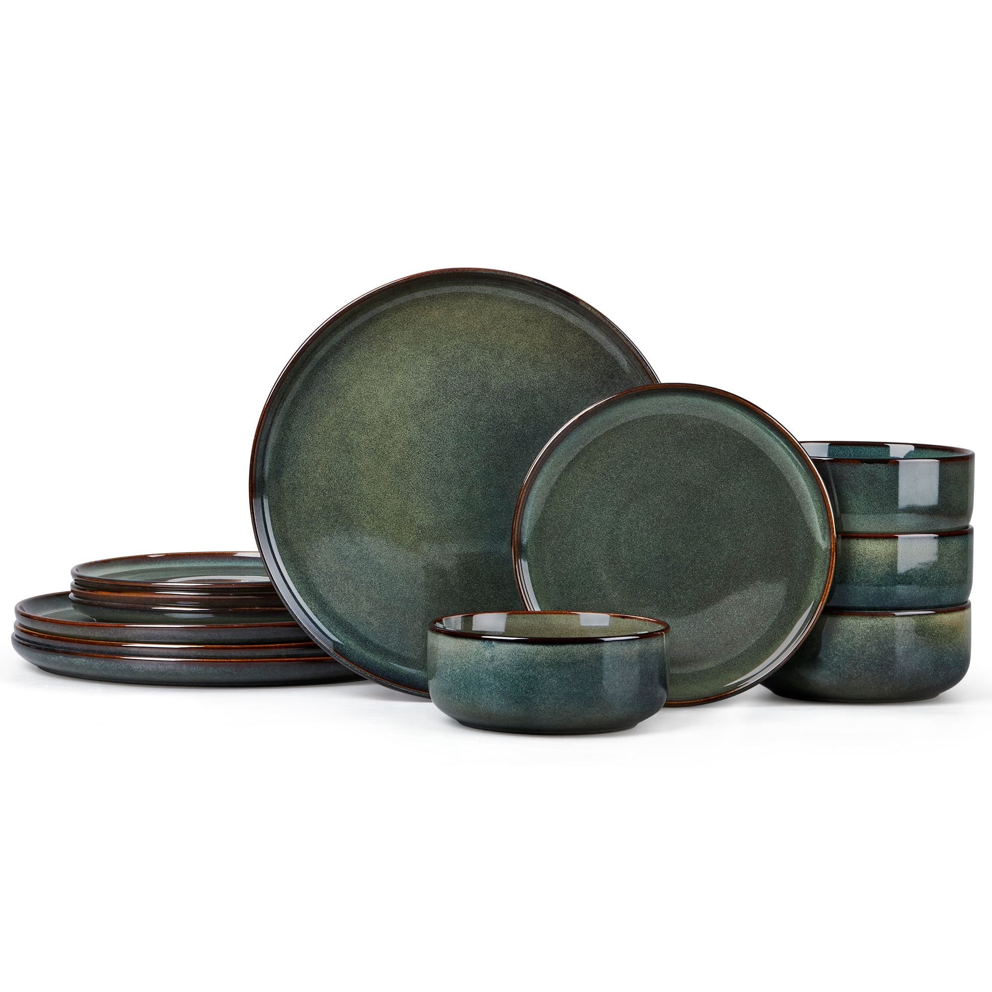 Vesteel Dinnerware Sets for 4, 16-Piece Stoneware Dish and Bowls Set, Handmade Reactive Glaze Coupe Plates Set, Chip & Scratch Resistant - Khaki