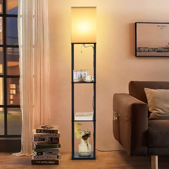 Vesteel Floor Lamp with 3-Tier Shelves, Standing Lamp with 3 Color Adjustable LED Bulb & Linen Lampshade, Modern Square Lamp for Living Room Bedroom Office Kid Room