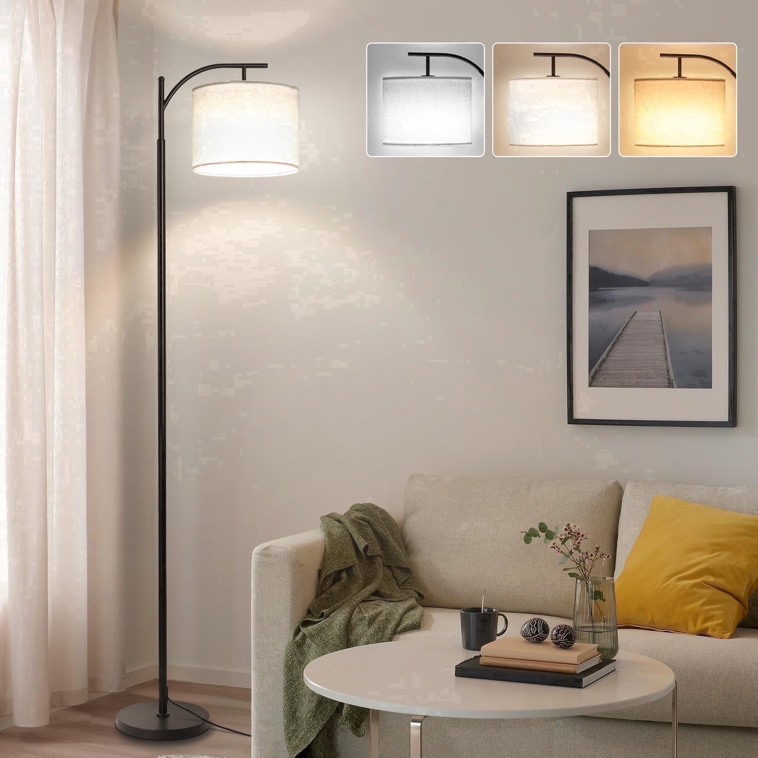 Vesteel Floor Lamp, Standing Lamp with 3 Color Temperatures LED Bulb & Lampshade, Arch Farmhouse Lamp for Living Room Bedroom Office
