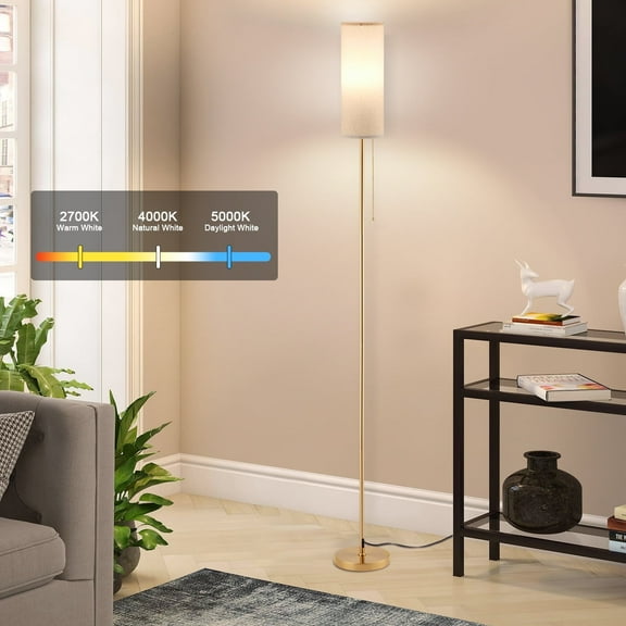 Vesteel Floor Lamp for Living Room, Modern Standing Lamp with 3 Color Temperatures LED Bulb & Linen Lampshade, Pole Lamp for Bedroom Living Room Office, Gold